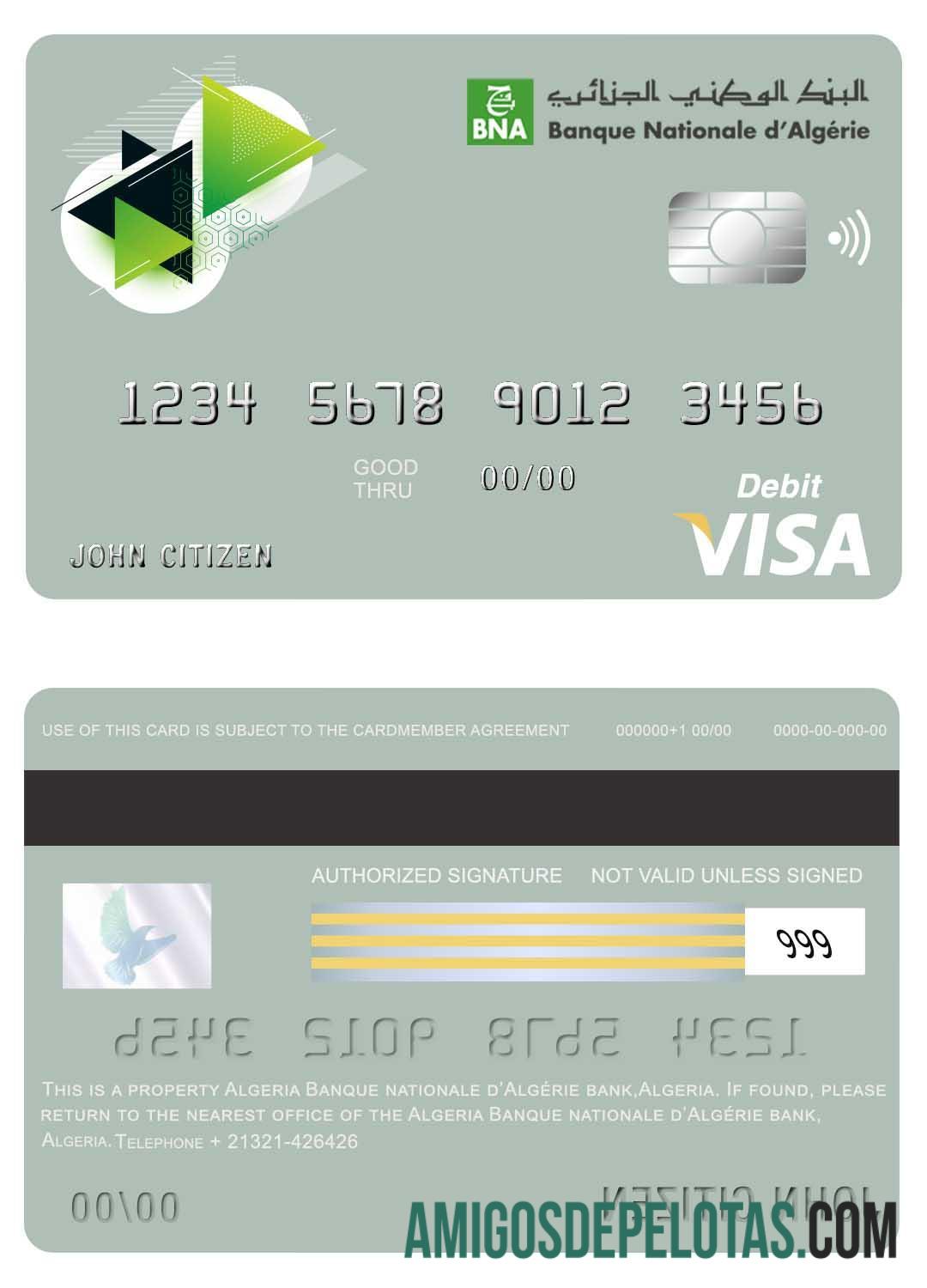 Cartão Visa Banque Nationale D’Algérie (BNA) da Argélia amostra